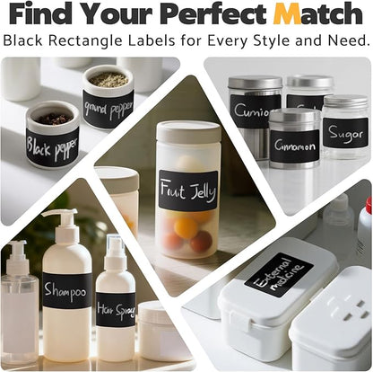 180Pcs Chalkboard Labels for Jars, Waterproof Reusable Blackboard Stickers with 1 Liquid Chalk Markers, Kitchen Organization Labels Removable (Black, Rectangle)