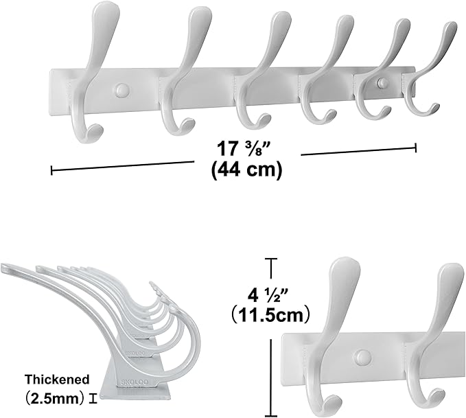 SKOLOO Coat Rack Wall Mounted - 6 Hooks, Heavy Duty, Stainless Steel, Metal Wall Hangers, Sturdy Coat Hooks for Hanging Coats, Jacket, Clothes, Hat, Cold Light Silver