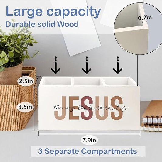 SNNDER Retro Christian Pen Holder for Desk, Christian Jesus Gifts for Women Men, Jesus the Way the Truth the Life Wooden Pen Pencil Holder Organizer for Home Office Desk Accessories