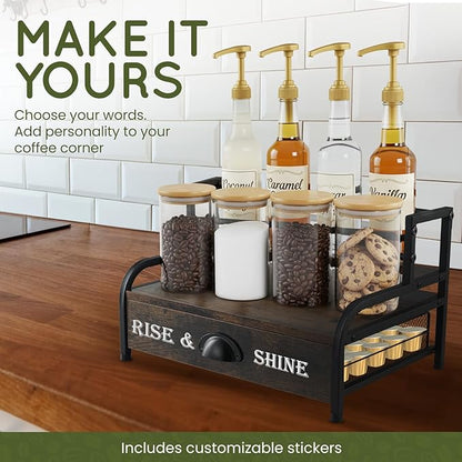 Coffee Syrup Rack Organizer – 3-Tier Coffee Bar Stand for Countertop, Rustic Wood & Metal Bottle Display Shelf with Coffee Pod Drawer, Wine Rack, Liquor Display Shelf for Home Coffee Station