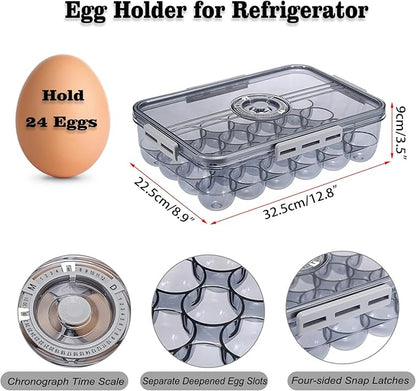 BSTKEY Egg Holder for Refrigerator, Egg Container with Time Scale, Egg Holder with Lid for Kitchen Storage, Stackable Tray for 24 Eggs