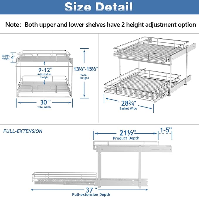 LOVMOR 2 Tier Individual Pull Out Cabinet Organizer 30" W x 21½" D, Slide Out Kitchen Cabinet Storage Sliding Shelves