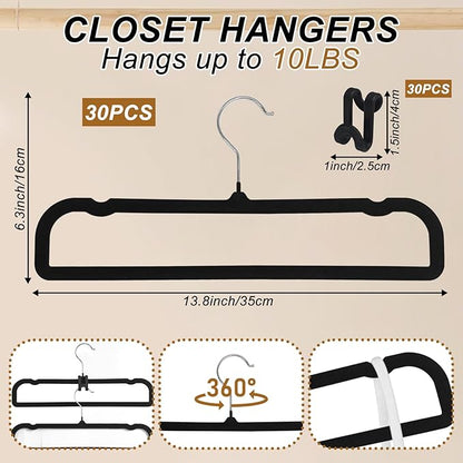 Velvet Pants Hangers Non Slip, 30 Pack Velvet Hangers for Closet with 30 Hooks, Strong Durable Space Saving Slim Clothes Hanger, Ultra Thin Flocked Hanger for Pants, Shirts, Bra, Shorts (Black)