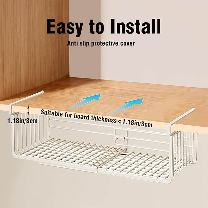 2 Pack Under Shelf Storage Basket, Extendable Under Cabinet Organizer, Pantry Organizers and Storage Hanging Rack for Kitchen Laundry Room Desk Counter Bookshelf