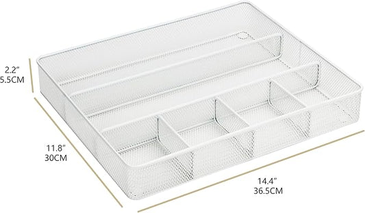 Annova Desk Top Organizer Tray for Office Organization - Metal Mesh - Storage Tray with Dividers for Pens, Desktop Accessories, Bathroom, Kitchen, Makeup and Office Supplies (Large, White)