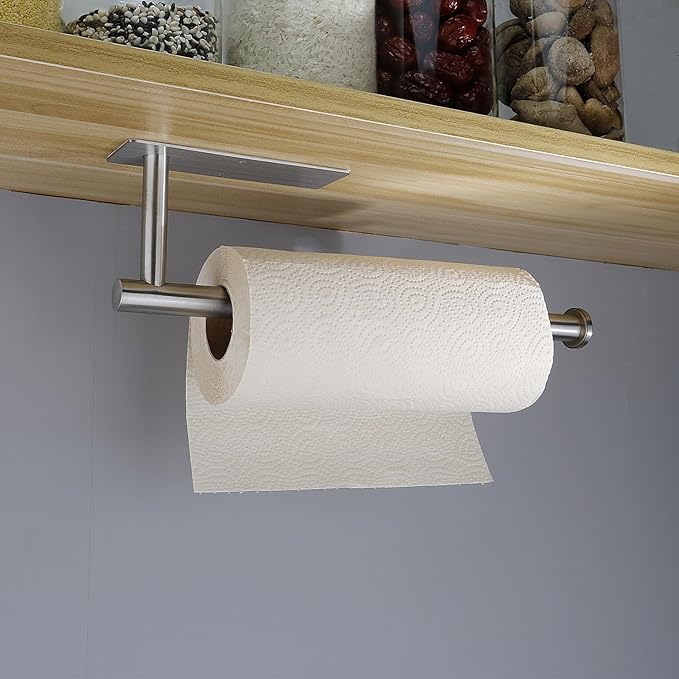 Paper Towel Holders Self-Adhesive or Drilling for Kitchen, Brushed Nickel Wall Mounted Both Available in Adhesive and Screws Stainless Steel Roll Dispenser Under Cabinet-Silver