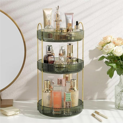 Satpurush 360° Rotating Makeup Organizer, 3 Tier Spinning Cosmetic Organizer for Vanity & Bathroom Countertop, Holds Tall Skincare Bottles, Perfume & Beauty Accessories – Clear Green