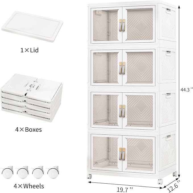 Vavkorkula Large Clear Stackable Storage Bins with Lids, 180QT-45QT*4Tier Foldable Cabinet for Closet Organizers, Plastic Storage Box with Wheels White