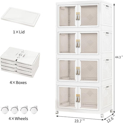 Vavkorkula Large Clear Stackable Storage Bins with Lids, 180QT-45QT*4Tier Foldable Cabinet for Closet Organizers, Plastic Storage Box with Wheels White