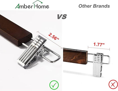 Amber Home 10 Pack 14.17" Solid Walnut Wooden Pant Skirt Hangers, Bottom Hangers for Slacks Trousers Jeans with 2-Adjustable Anti-Rust Clips (Walnut, 10 Pack)