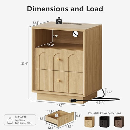 FORTUNETEC Nightstand with Charging Station, Mid Century Modern Nightstand with Arched Design, Boho End Table with Wood Grain Texture, Bedside Table for Bedroom Living Room Sofa Office, Oak