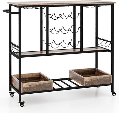 Giantex Bar Cart, 3 Tier Home Serving Cart on Wheels, Glass Racks, 12 Wine Holders, 8 Hooks & Storage Boxes, Industrial Rolling Beverage Cart for Coffee Bar, Kitchen, Dining Room