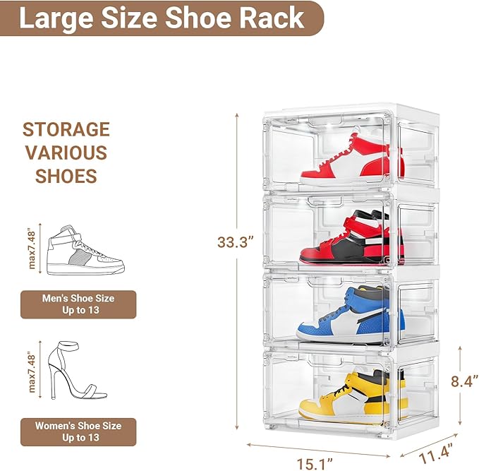 BROVIEW Led Shoe Boxes - Foldable Shoe Storage Case with Lights, Voice Activated, 2 Row 4 Tier White