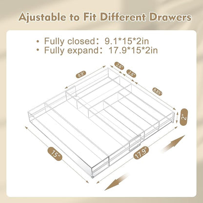 Briwooody 2 Pcs Acrylic Drawer Organizer 9'' up to 18'' x 15'' x 2'' Expandable Drawer Organizer Pens Notebook Ruler Makeup Tray with 7 Adjustable Compartments for Desk Office Kitchen Bathroom(Clear)