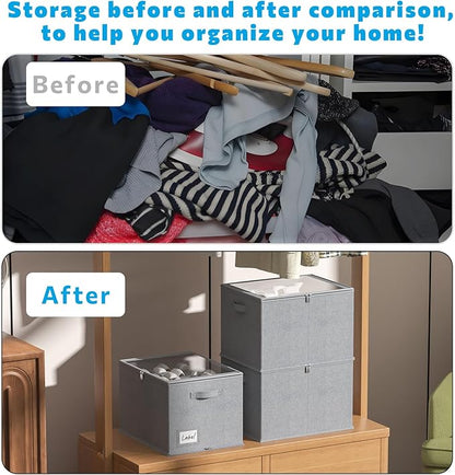 2 Pack Shoe Organizer for Closet - Shoe Storage Bins with Clear Cover, Fabric Shoe Storage Containers with Reinforced Handles, Fits up to 24 Pairs (Grey, 16.5 * 12.6 * 12.2in)