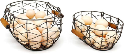 CVHOMEDECO. Oval Wire Egg Baskets Rustic Fruit Baskets with Wooden Handles Primitives Vintage Gathering Basket. Rusty, Set of 2