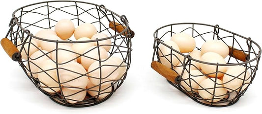 CVHOMEDECO. Oval Wire Egg Baskets Rustic Fruit Baskets with Wooden Handles Primitives Vintage Gathering Basket. Rusty, Set of 2