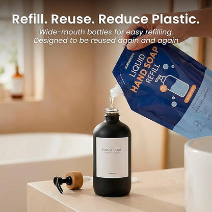 MaisoNovo Glass Hand Soap Dispenser | Dish Soap Dispenser for Kitchen | 16.9oz Black Bottles with Black Bamboo Pump | Bathroom Lotion Dispenser