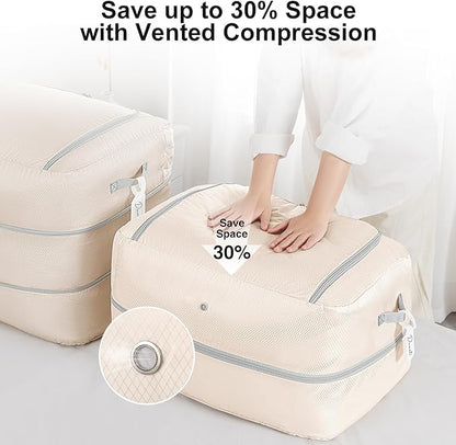 Easortm Comforter Storage Bag - 110L Large Capacity Blanket Storage Bags 2-Layer Ultra Space Saving Self Compression Organizer, Washable Compression Bags for Storage Comforter Blanket, 4-Pack, Beige