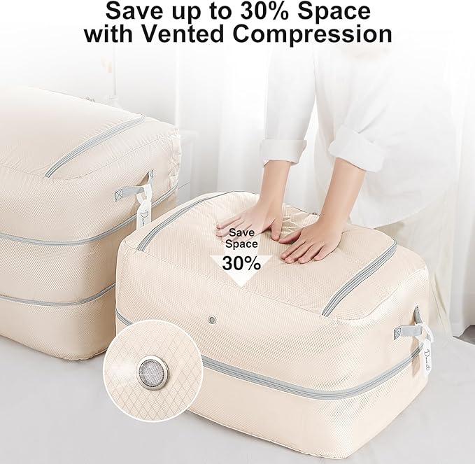 Easortm Comforter Storage Bag - 110L Large Capacity Blanket Storage Bags 2-Layer Ultra Space Saving Self Compression Organizer, Washable Compression Bags for Storage Comforter Blanket, 1-Pack, Beige