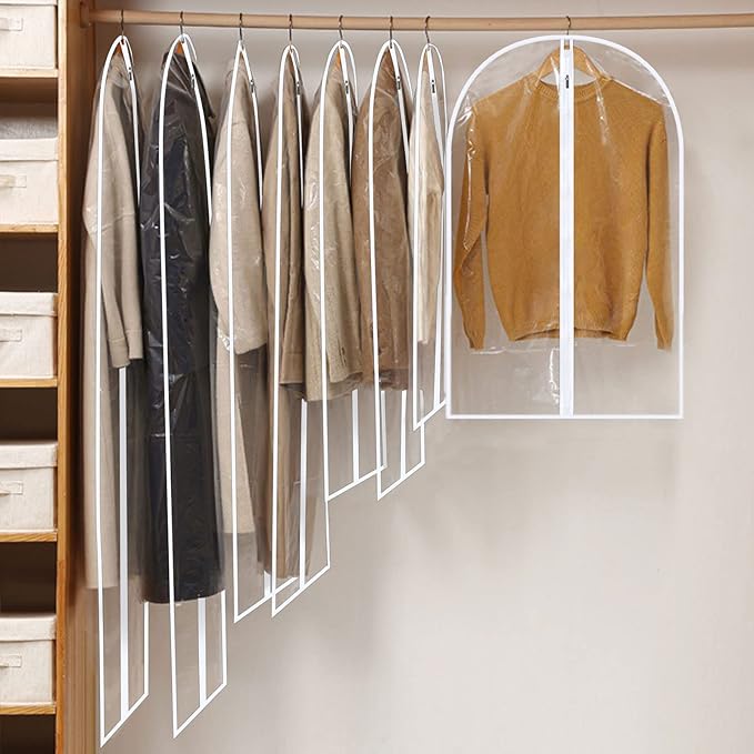 Garment Bags for Hanging Clothes, SMINDER Clear Plastic Bags Full Zipper Suit Bags PEVA Breathable Lightweight Garment Covers for Closet Storage, Suitable for Shirts, Jackets, Gowns (24" x 60"/8 Pack)