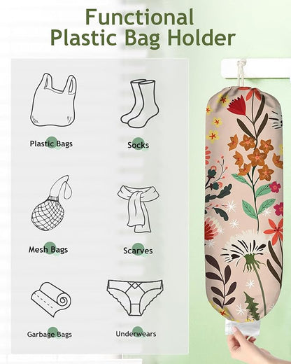 Plastic Bag Holder Organizer - 1 Pack Reusable Canvas Grocery Bags Holder Hanging Wall Cute Aesthetic Shopping Bag Storage Dispenser with Drawstring Closure for Kitchen Home, Dandelion