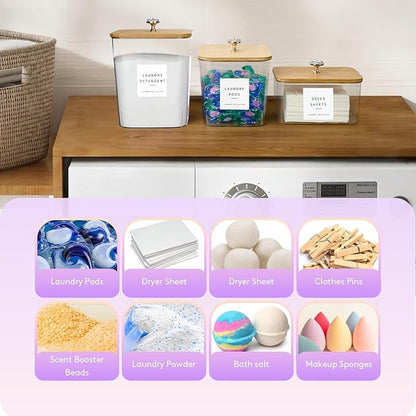 5 Pack Laundry Pod Containers and Dryer Sheet Holder for Laundry Room Organization Acrylic Jars with Lids and Labels for Laundry Detergent Laundry Pods Dry Sheet Organizing