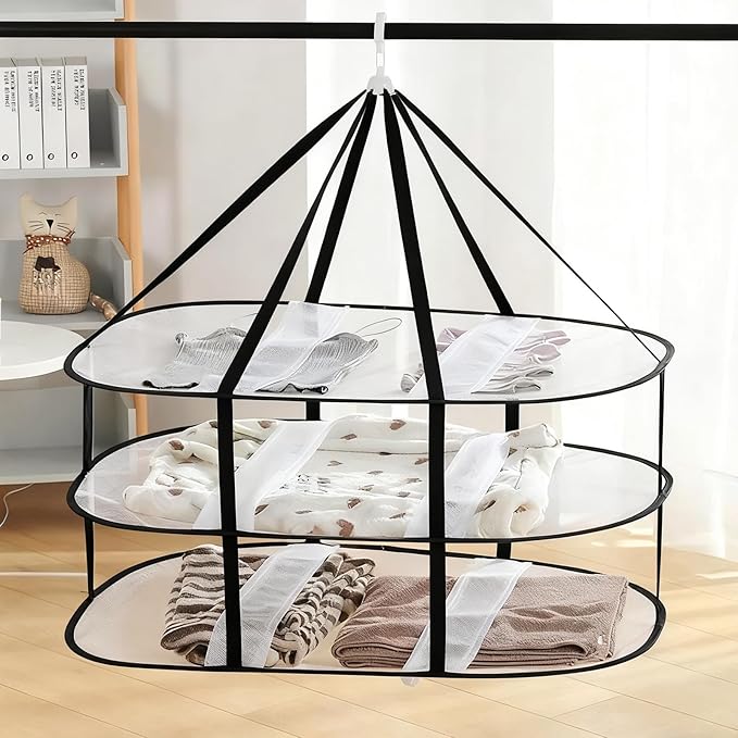 3-Tier Folding Mesh Clothes Drying Rack, Stackable Sweater Dryer Rack with Internal Fixation, Portable Hanging Laundry Rack for T-Shirt,Swimsuit,Sweater,Delicates(Black,Size:30.3x24x31inch)