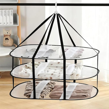 3-Tier Folding Mesh Clothes Drying Rack, Stackable Sweater Dryer Rack with Internal Fixation, Portable Hanging Laundry Rack for T-Shirt,Swimsuit,Sweater,Delicates(Black,Size:30.3x24x31inch)