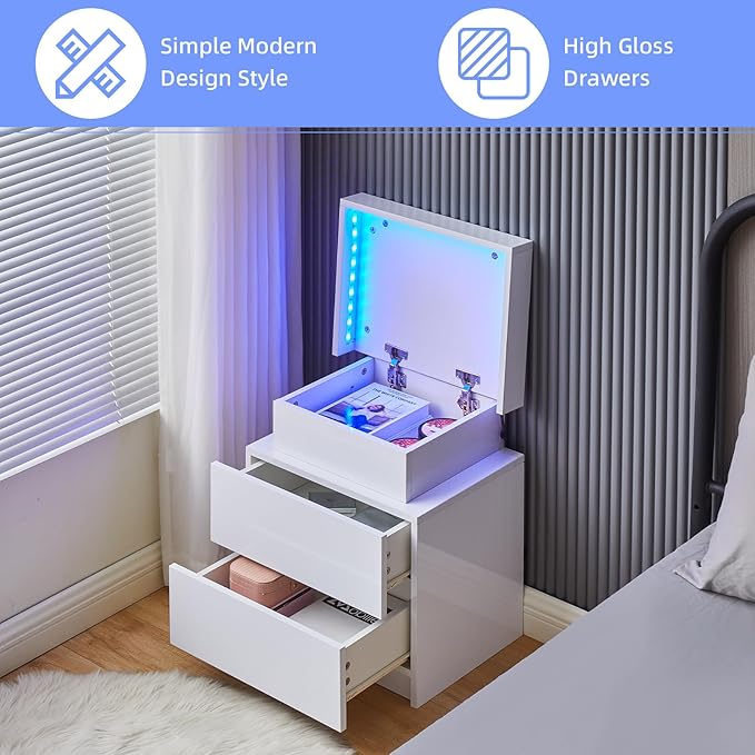 OFCASA Nightstand with LED Lights, Smart Night Stand with Flip Top Storage, Bedside Table with 2 High Gloss Drawers, Modern End Side Table for Bedroom (White)