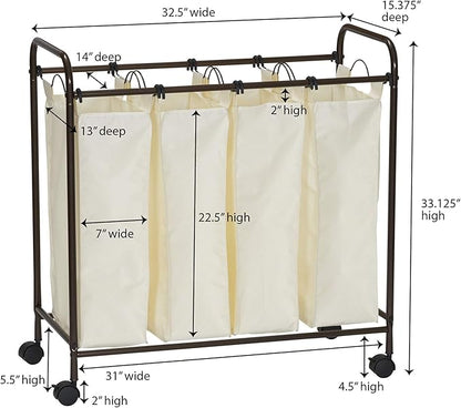 Household Essentials 7173 Rolling Quad Laundry Sorter with Removable Hamper Bags | Antique Bronze Frame