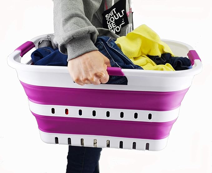 SAMMART 30L (8 gallon) Collapsible 3 Handled Plastic Laundry Basket - Foldable Pop Up Storage Container/Organizer - Space Saving Hamper/Basket (White/Purple)