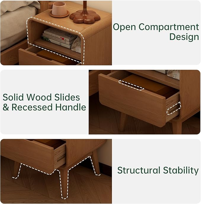 Vadisun 100% Solid Wood Nightstand Set of 2, Small Night Stand with Drawer and Open Shelf, Natural Wood Nightstand, Mid Century Modern Night Stand, Wooden Bedside Table for Bedroom(20.47" H)