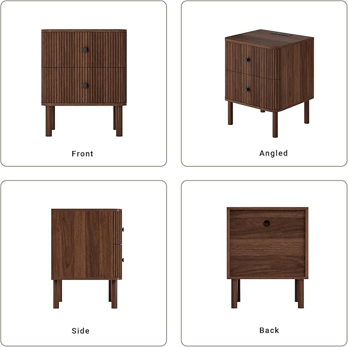 FavourLife Night Stand Set of 2 with Charging Station, 18" Fluted Nightstand with Rounded Corners & Solid Wood Legs, 2 Drawers End Table, Mid Century Modern Bedside Table for Bedroom, Walnut