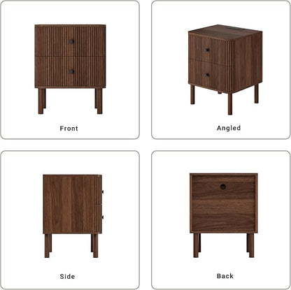 FavourLife Night Stand Set of 2 with Charging Station, 18" Fluted Nightstand with Rounded Corners & Solid Wood Legs, 2 Drawers End Table, Mid Century Modern Bedside Table for Bedroom, Walnut