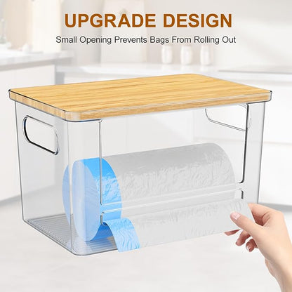 Riian Trash Bag Dispenser Holder, Stackable Garbage Bag Holder with Bamboo Lid, Acrylic Storage Container for Under Sink, Laundry Room Organization and Storage (2 Pack)