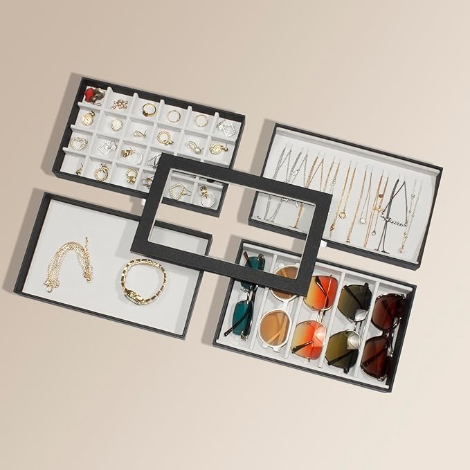 Stackable Jewelry Organizer Trays with Glass Lid,Jewelry Tray for Drawer Insert,Jewelry Display Case for Earring Necklace Ring Watch Bracelet,Black PU Leather Gray Velvet Lining,4 Layers