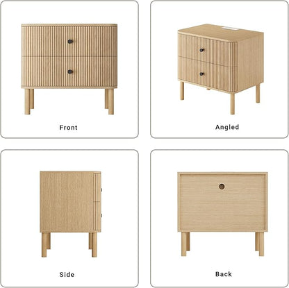 FavourLife Night Stand with Charging Station, 24" Large Fluted Nightstand with Rounded Corners & Solid Wood Legs, 2 Drawers End Table, Mid Century Modern Bedside Table for Bedroom, Natural Oak
