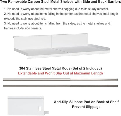 Expandable Under Cabinet Shelf Organizer with 0.94-Inch Thick Clips, Heavy Duty Extendable Under Shelf Storage Basket for Pantry or Laundry Room, White, 2 Pack, Interior: 4.13" H x 8.54" D