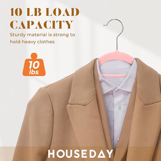 HOUSE DAY Velvet Hangers 60 Pack, Non-Slip Hangers with Tie Bar, Premium Standard Clothes Hanger Slim Felt Hanger 360° Swivel Hook for Closet Organized Storage Elegance Pink 72g/Pc