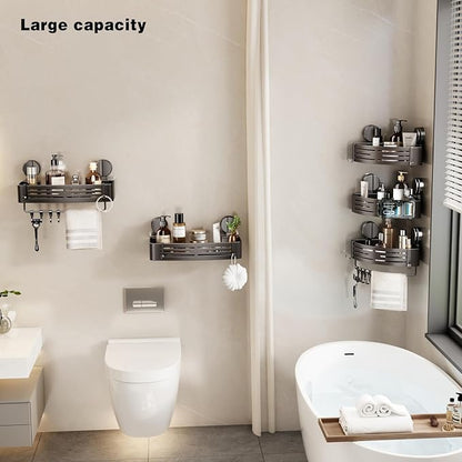 VOLPONE Shower Caddy Suction Cup No Drilling Suction Cup Shower Shelf Heavy Duty Bathroom Shower Organizer Storage Rack Adhesive with Towel Bar Hooks (3-Pack, Matte Gray)