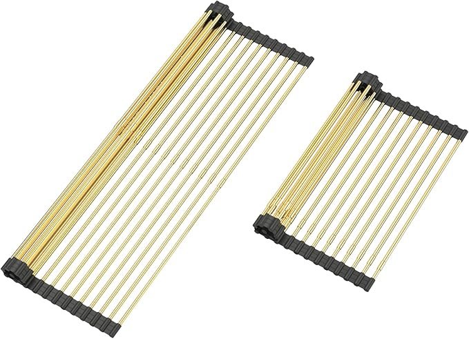 ARAINY Large Telescopic Draining Rack, Gold Roll Up Heat-Resistant Dish Drainer for Stainless Steel Sinks, Non-Slip Silicone Rolling Dish Drainer Roll Rack 18 tube12.59-21.25x12.79''
