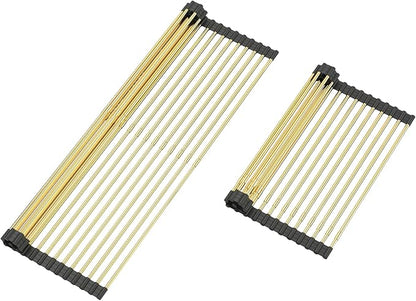 ARAINY Large Telescopic Draining Rack, Gold Roll Up Heat-Resistant Dish Drainer for Stainless Steel Sinks, Non-Slip Silicone Rolling Dish Drainer Roll Rack 18 tube12.59-21.25x12.79''