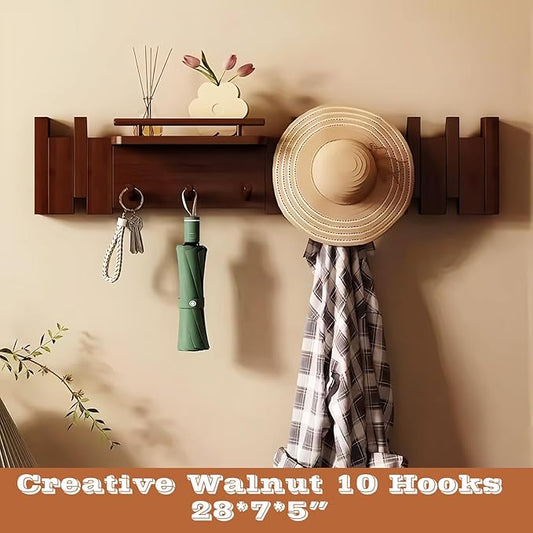 Wall Mounted Coat RackHooks Piano Key Hangers Natural Solid Wood Hanger Non-Woven Fabric Clothes Hangers for Closet, Kitchen, Bedroom, Bathroom, Entryway (Innovate-Walnut, 10 Hooks)