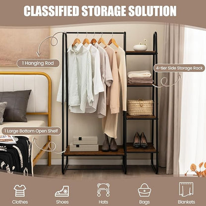 Tangkula Garment Rack with Shelves, Clothes Rack with 5 Shelves & Hanging Bar, Open Wardrobe for Hanging Clothes and Storage, Free Standing Closet Organizer, Clothing Rack for Bedroom Entryway