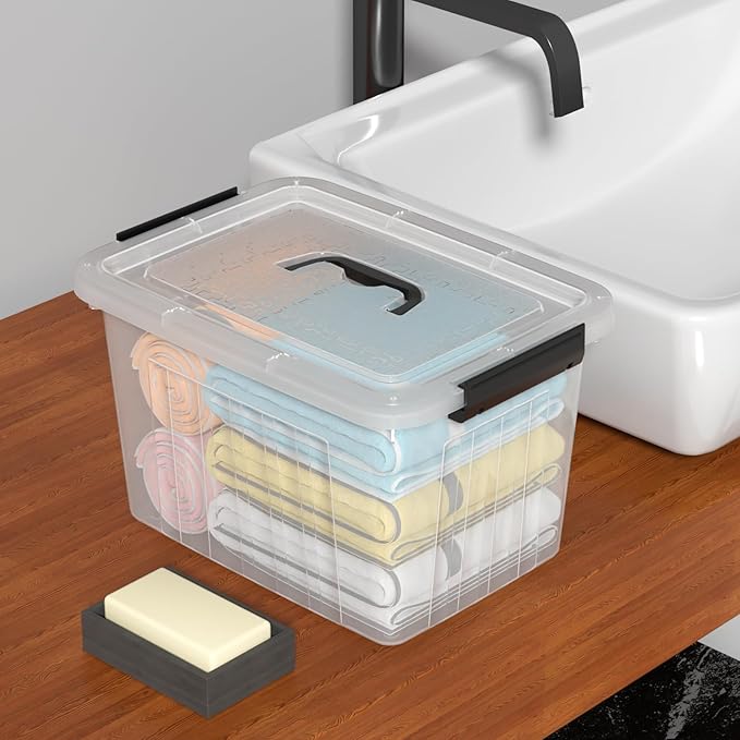 Sadstory 12 Quart Clear Latching Bin with Handle, Plastic Clear Tote Storage with Lid, 6 Packs