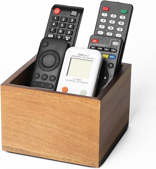 Remote Control Holder Caddy,Farmhouse Acacia Wood TV Remote Holder, Vintage Desk Caddy, Remote Organizer for Table (Brown for 3+ Remote Controls)