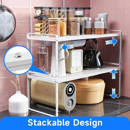 Expandable Kitchen Shelf Organizers, Kitchen Cabinet Organizer Stand Rack Organization for Countertop Cupborad Pantry, White 2 Pack