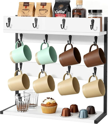 Coffee Mug Holder – 2 Tier Mug Rack Stand with Storage Base for 12 Cups – for Kitchen, Dining Room Counter & Wall Mounted Organizer & Coffee Bar Decor Accessories