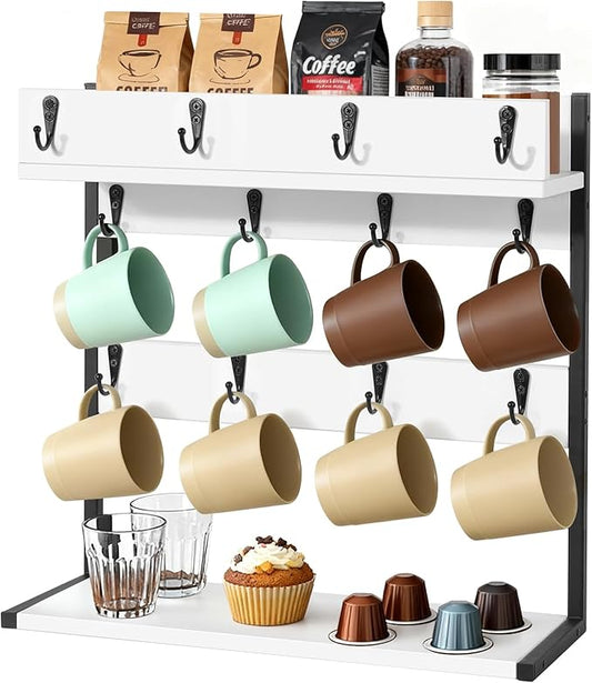 Coffee Mug Holder – 2 Tier Mug Rack Stand with Storage Base for 12 Cups – for Kitchen, Dining Room Counter & Wall Mounted Organizer & Coffee Bar Decor Accessories